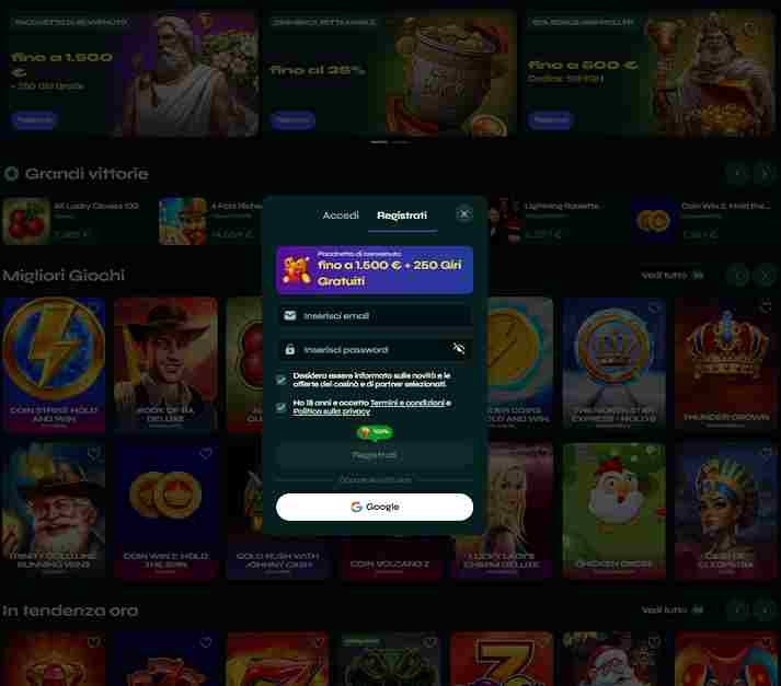 Finestra di registrazione e accesso su SavaSpin sopra la selezione dei giochi